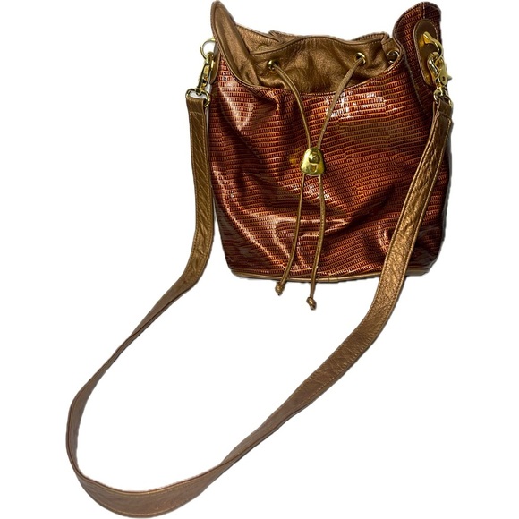 Leather Bucket Bag/Purse, Brown & Gold, Genuine Leather, Vintage - Picture 15 of 15